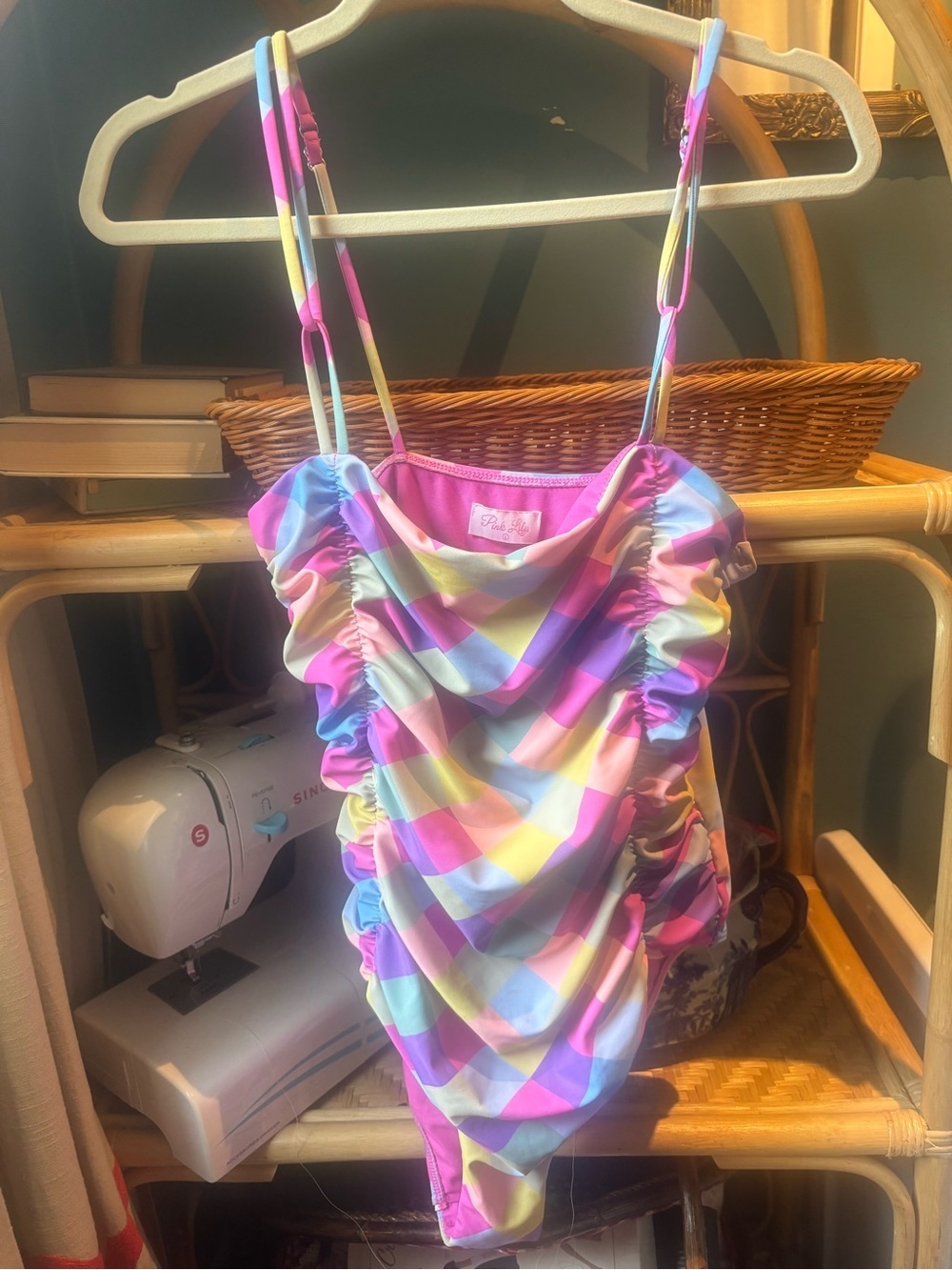 Pink Lily Pastel Rainbow Plaid Ruched One-Piece Swimsuit - Pink Multi